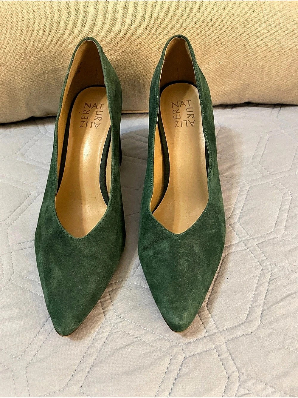 Naturalizer Alizern Pointed Toe Block Heel Pumps in Green Suede